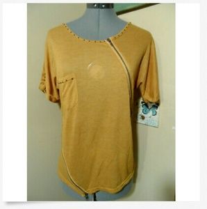 New UNO CORE Studded Zipper T-shirt Top S Tan Tee